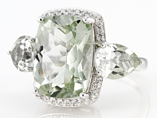 5.75ct Green Prasiolite With 2.15ctw White Zircon Rhodium Over Sterling Silver Ring - Size 8