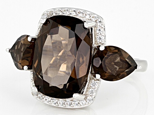 6.00ctw Smoky Quartz With .15ctw White Zircon Rhodium Over Sterling Silver Ring - Size 8