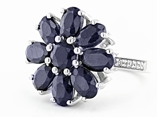 5.40ctw Blue Sapphire and 0.19ctw White Zircon Rhodium Over Sterling Silver Ring. - Size 7