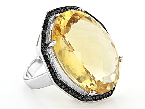 23ctw Citrine With 0.45ctw Round Black Spinel Rhodium Over Sterling Silver Statement Ring - Size 7