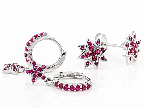 0.84ctw Lab Created Ruby Rhodium Over Sterling Silver 2pcs Earrings Set