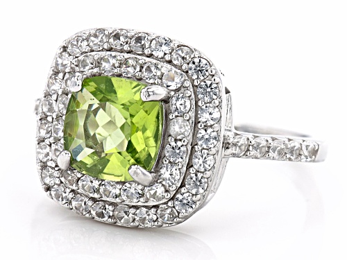 1.62ctw Peridot and 1.10ctw White Zircon Rhodium Over Sterling Silver Ring. - Size 9