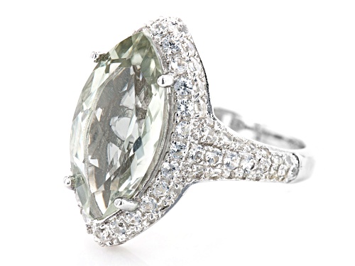 3.37 Prasiolite and 1.47ctw White Zircon Rhodium Over Sterling Silver Ring. - Size 8