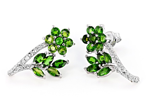 2.99ctw Chrome Diopside and 0.56ctw White Zircon Rhodium Over Sterling Silver Flower Earrings.