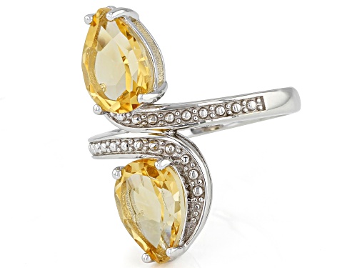 2.75ctw Pear Shaped Brazilian Citrine Rhodium Over Sterling Silver Bypass Ring. - Size 7