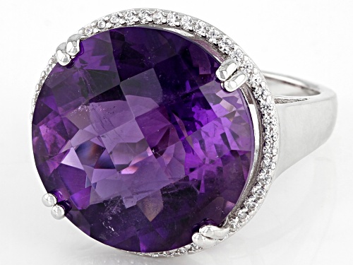 17.50ct Round African Amethyst and 0.25ctw Round White Zircon Rhodium Over Sterling Silver Ring - Size 8