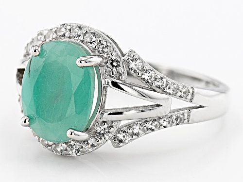 1.50ct Oval Emerald and 0.45ctw Round White Zircon Rhodium Over Sterling Silver Ring - Size 9