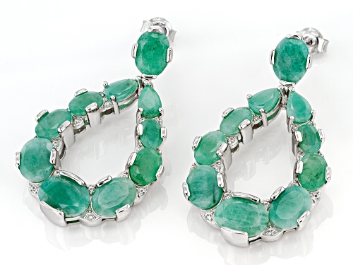 12.00ctw Emerald With 0.15ctw White Zircon Rhodium Over Sterling Silver Earrings.