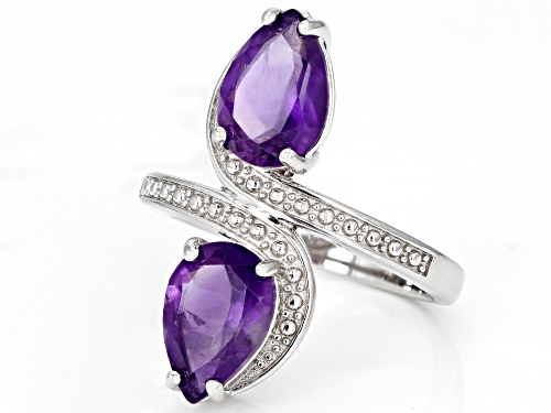 2.50ctw Pear shaped African Amethyst Rhodium Over Sterling Silver Bypass Ring - Size 7