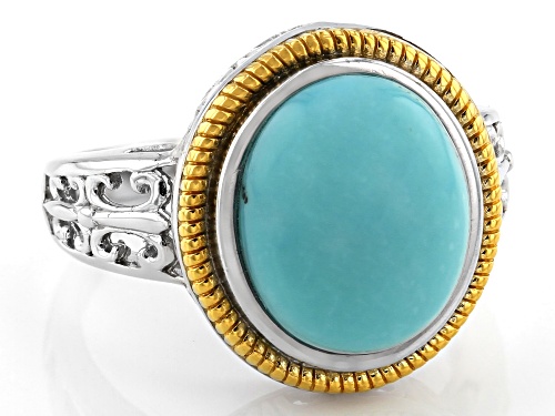 12x10mm Oval Cabochon Blue Turquoise Rhodium & 18K Yellow Gold Over Silver Two-Tone Solitaire Ring - Size 8
