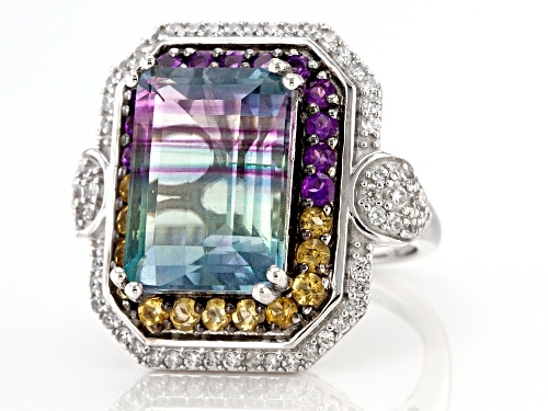 9.65ct Bi-Color Fluorite With 1.46ctw Round Multi-Gem Rhodium Over Sterling Silver Ring - Size 6
