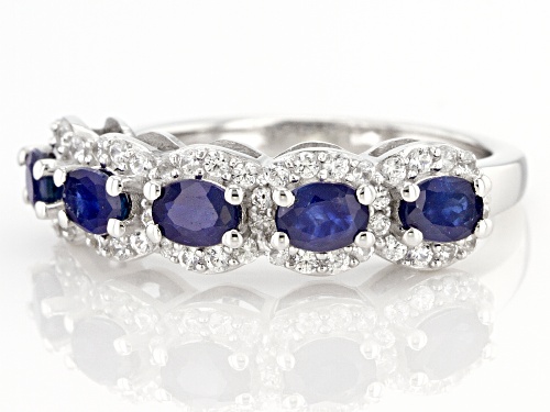 0.90ctw Oval Blue Sapphire With 0.54ctw White Zircon Rhodium Over Sterling Silver Band Ring - Size 8