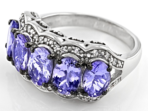 3.25ctw Oval Tanzanite With 0.21ctw White Zircon Rhodium Over Sterling Silver Ring - Size 5