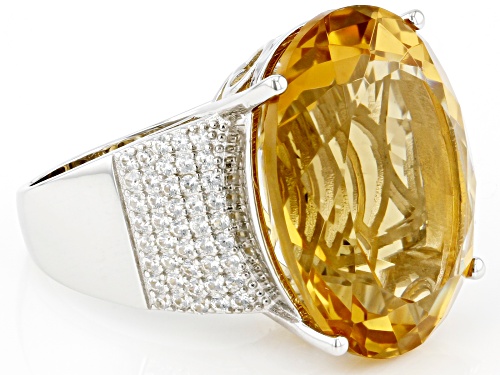 20.00ct Oval Brazilian Citrine With 1.00ctw White Zircon Rhodium Over Silver Solitaire Ring - Size 11