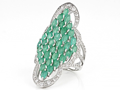 3.00ctw Marquise Emerald With 0.59ctw White Zircon Rhodium Over Sterling Silver Ring - Size 7