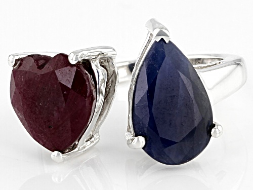 2.00ct Heart Shaped Ruby with 3.25ct Pear Shaped Blue Sapphire Sterling Silver Ring - Size 7