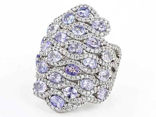 3.67ctw Oval Tanzanite With 2.37ctw White Zircon Rhodium Over Sterling Silver Ring - Size 7