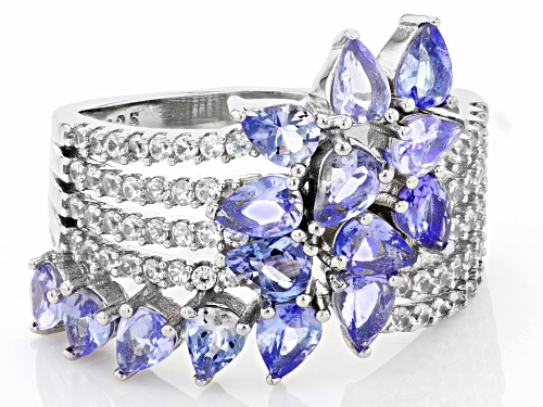 1.91ctw Pear shape Tanzanite With 0.70ctw White Zircon Rhodium Over Sterling Silver Ring - Size 7
