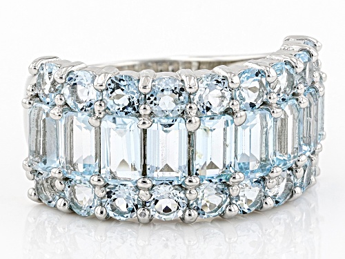 4.30ctw Emerald Cut And Round Glacier Topaz™ Rhodium Over Sterling Silver Band Ring - Size 6