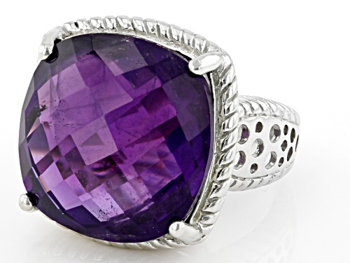 18.00ct Square Cushion African Amethyst Rhodium Over Sterling Silver Solitaire Ring - Size 7