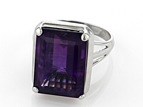 10.00ct Rectangular Octagonal African Amethyst Rhodium Over Sterling Silver Solitaire Ring - Size 7