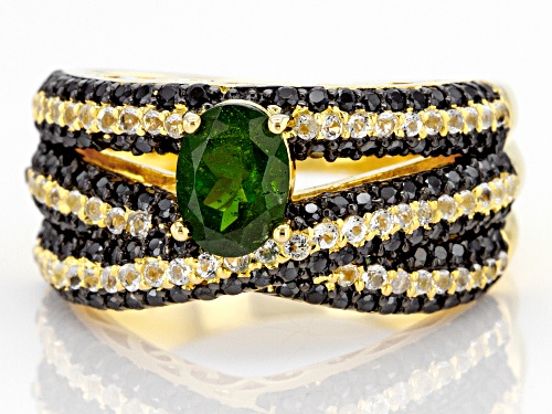 0.90ct Chrome Diopside, 1.68ctw Black Spinel & White Zircon 18K Yellow Gold Over Silver Ring - Size 7