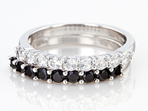 0.90ctw Round Black Spinel With 0.70ctw Round White Zircon Rhodium Over Sterling Silver Band Rings - Size 7