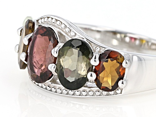 3.56ctw Oval Multi-color Tourmaline Rhodium Over Sterling Silver Band Ring - Size 7