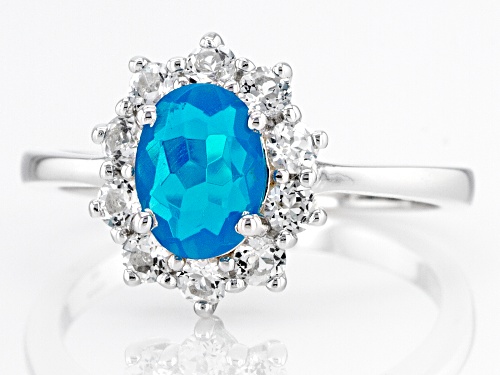 0.55ct Oval Paraiba Blue Color Opal With 0.50ctw Round White Topaz Rhodium Over Sterling Silver Ring - Size 8