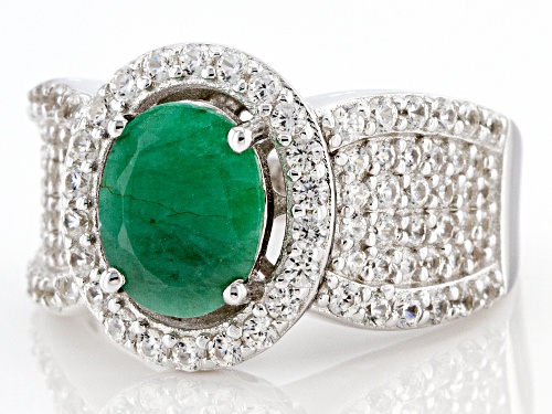 1.90ct Oval Emerald With 1.35ctw Round White Zircon Rhodium Over Sterling Silver Ring - Size 7