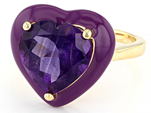 4.00ct Heart Shaped African Amethyst With Purple Enamel 14k Yellow Gold Over Sterling Silver Ring - Size 7