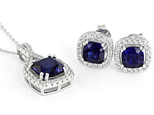 5.20ctw Lab Blue & 0.85ctw Lab White Sapphire Rhodium Over Silver Pendant And Earrings Set