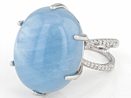 23x18mm Dreamy Aquamarine With 0.60ctw White Zircon Rhodium Over Sterling Silver Ring - Size 7