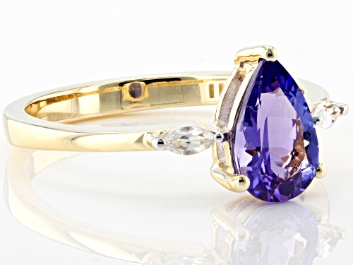 1.05ct Pear Shape Tanzanite With 0.11ctw Marquise White Zircon 10k Yellow Gold Ring - Size 7