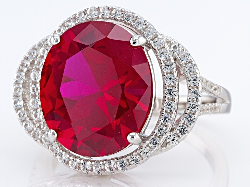 7.00ct Lab Created Ruby With 0.55ctw Lab Created Sapphire Rhodium Over Sterling Silver Ring - Size 7