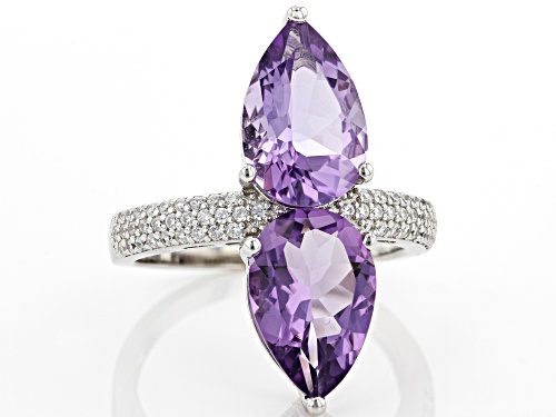 5.26ctw Pear Amethyst With 0.46ctw White Zircon Rhodium Over Sterling Silver Ring - Size 8