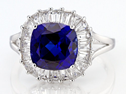 4.20ct Lab Created Blue Sapphire With 0.89ctw Lab White Sapphire Rhodium Over Sterling Silver Ring - Size 7
