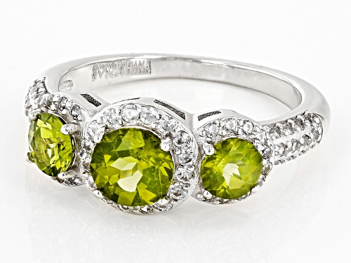 1.50ctw Round Manchurian Peridot™ With 0.58ctw Round White Zircon Rhodium Over Sterling Silver Ring - Size 9