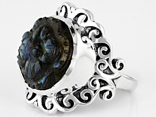 15mm Hand Carved Flower Labradorite, Sterling Silver Solitaire  Ring - Size 7