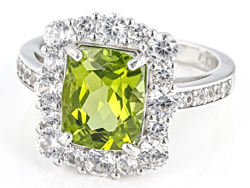2.60ct Manchurian Peridot™ With 1.70ctw White Zircon Rhodium Over Sterling Silver Ring - Size 10