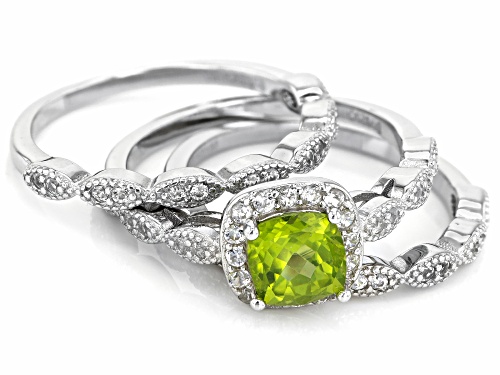 0.85ct Manchurian Peridot™ And 0.66ctw White Zircon Rhodium Over Sterling Silver Ring Set of 3 - Size 9