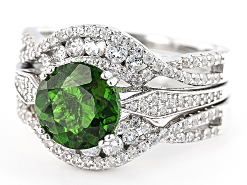 1.80ct Chrome Diopside With 1.33ctw White Zircon Rhodium Over Sterling Silver Ring Set - Size 10