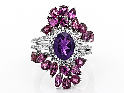 1.45ct African Amethyst With 4.13ctw Rhodolite And White Zircon Rhodium Over Silver Ring W/ Guard - Size 8
