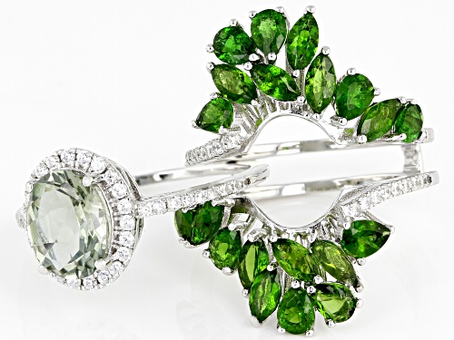 1.45ct Prasiolite With 3.68ctw Chrome Diopside And White Zircon Rhodium Over Silver Ring W/ Guard - Size 8