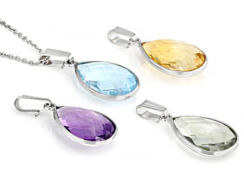 20.00ctw Mixed-Gemstone Rhodium Over Sterling Silver Set of 4 Pendants With Chain