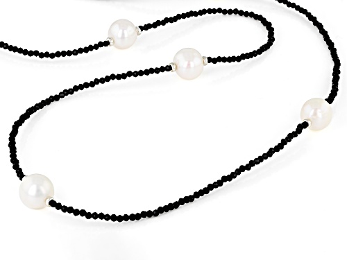 2mm Black Spinel With 10mm Cultured Freshwater Pearl Rhodium Over Sterling Silver Station Necklace - Size 36