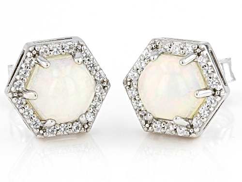 6mm Hexagon Ethiopian Opal With 0.16ctw White Zircon Rhodium Over Sterling Silver Stud Earrings