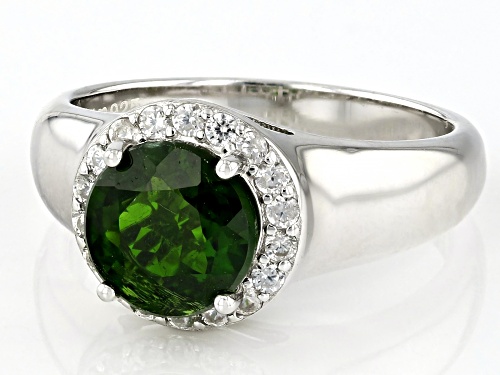 1.82ct Round Green Chrome Diopside with 0.37ctw White Zircon Rhodium Over Sterling Silver Ring - Size 7