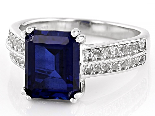 4.21ctw Blue Lab Created Sapphire with White Lab Created Sapphire Rhodium Over Sterling Silver Ring - Size 7