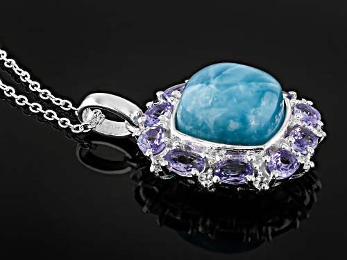 11mm Larimar with 1.63ctw Tanzanite with White Topaz Rhodium Over Sterling Silver Pendant with Chain